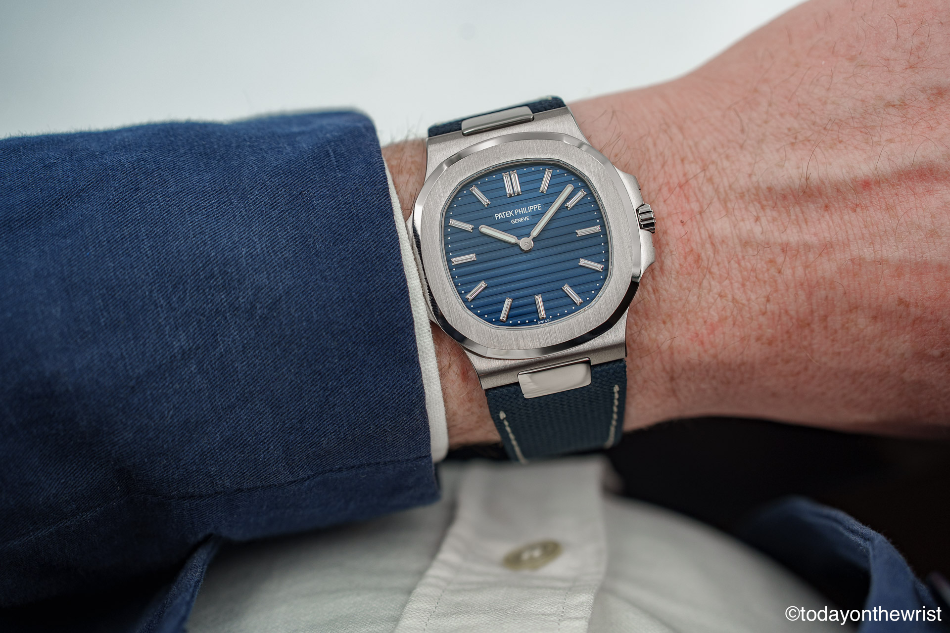 Wrist shot of Patek Philippe Nautilus 5810G-001 white gold